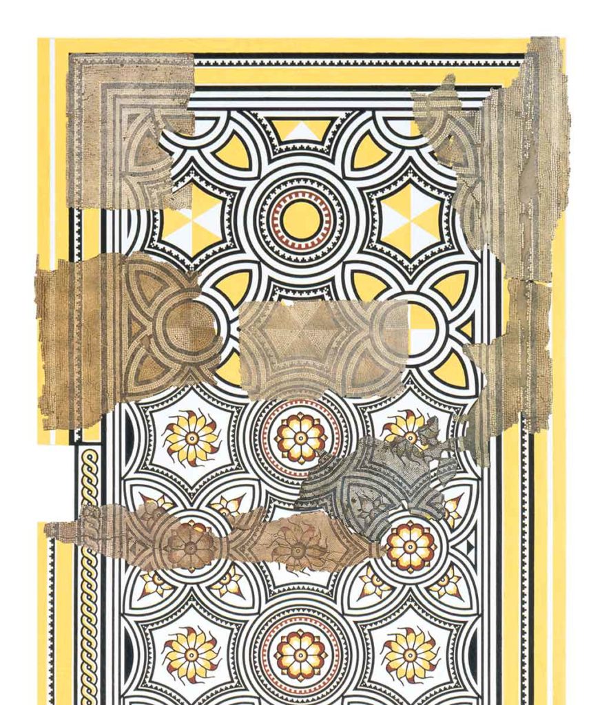 A l’aide d’un logiciel spécifique, les orthophotographies de chaque fragment conservé de la mosaïque Jaune ont été calés sur le dessin de restitution réalisé par Serge Rebetez A l’aide d’un logiciel spécifique, les orthophotographies de chaque fragment conservé de la mosaïque Jaune ont été calés sur le dessin de restitution réalisé par Serge Rebetez